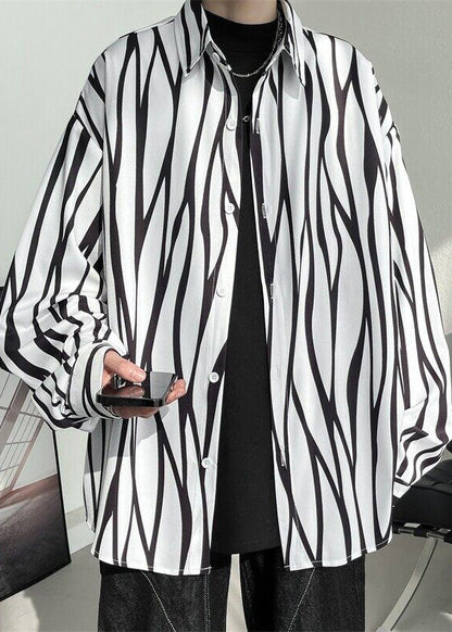 Stylish White Striped Button Cotton Mens Shirts Spring