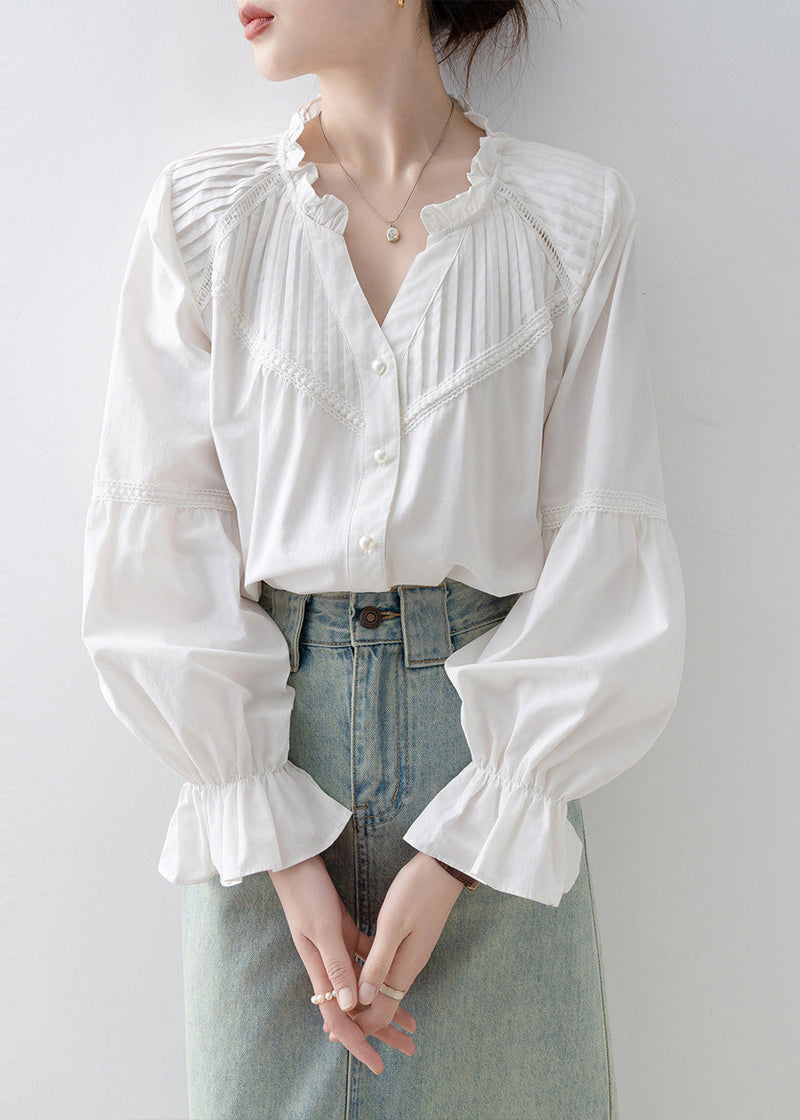 Stylish White V Neck Wrinkled Cotton Shirt Top Spring