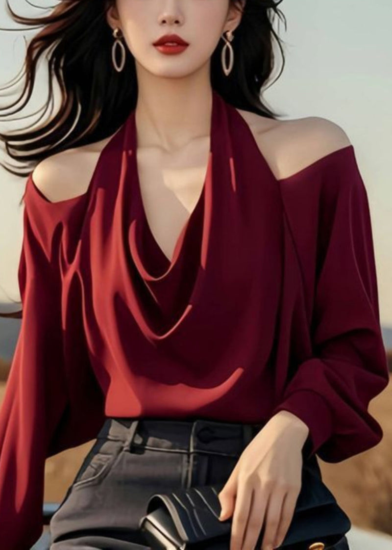 Stylish Wine Red Cold Shoulder Original Design Tops Spring