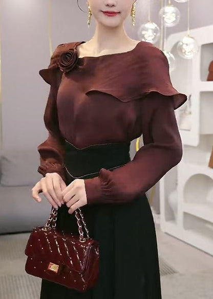 Stylish Wine Red Ruffled Floral Chiffon Blouses Spring