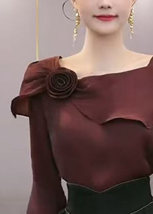 Stylish Wine Red Ruffled Floral Chiffon Blouses Spring
