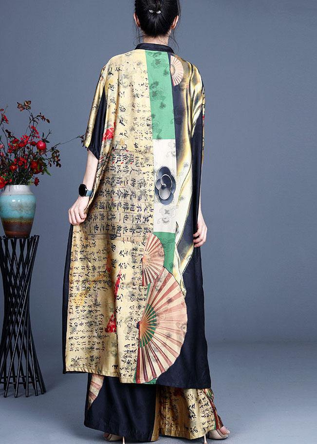 Stylish Yellow Asymmetrical Design Retro Print Summer Long Shirts Two Pieces Set