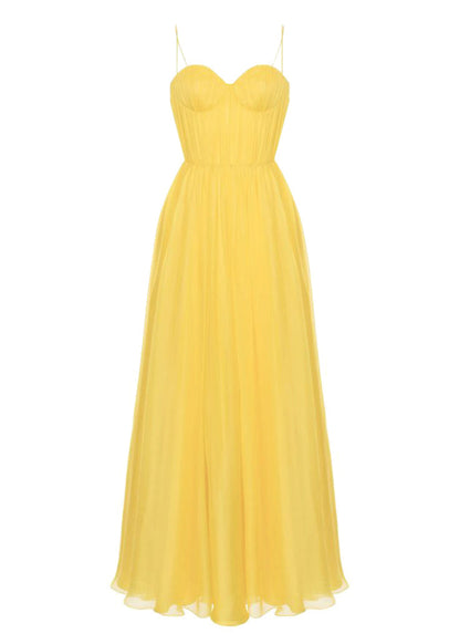 Stylish Yellow Backless Strapless Silk Spaghetti Strap Summer