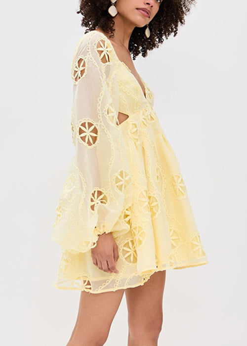 Stylish Yellow Embroidered Hollow Out Cotton Mini Dress Lantern Sleeve