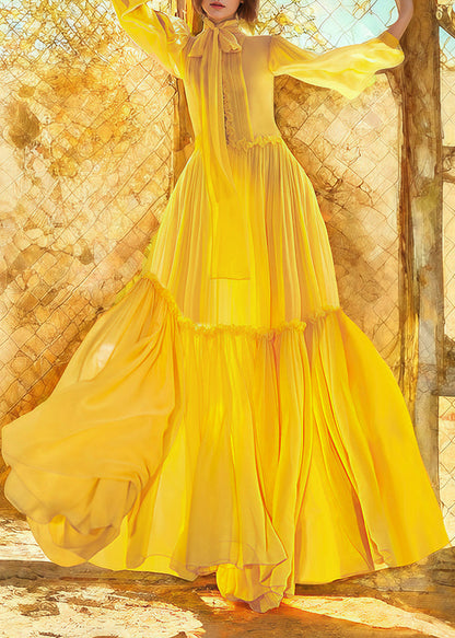 Stylish Yellow Lace Up Ruffled Patchwork Silk Long Dress Spring