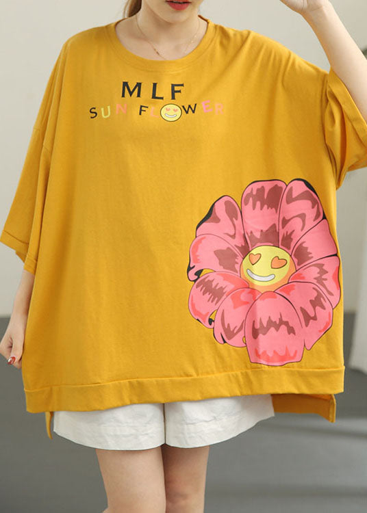 Stylish Yellow Loose O-neck Print Low High Design Fall Tee Half Sleeve