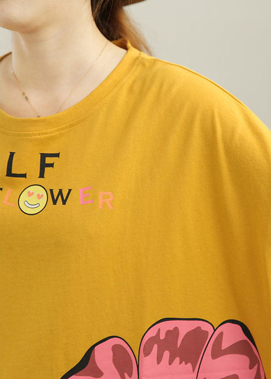 Stylish Yellow Loose O-neck Print Low High Design Fall Tee Half Sleeve