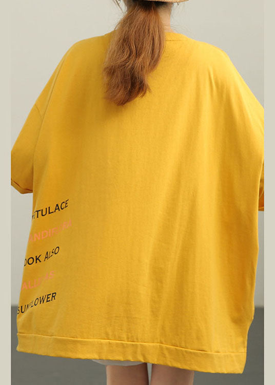 Stylish Yellow Loose O-neck Print Low High Design Fall Tee Half Sleeve