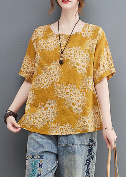 Stylish Yellow O-neck Cotton Top Short Sleeve