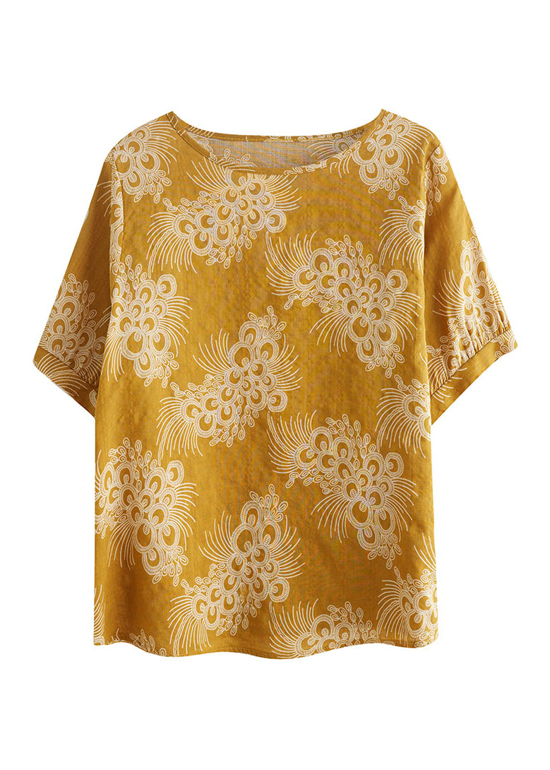 Stylish Yellow O-neck Cotton Top Short Sleeve