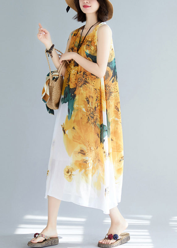 Stylish Yellow O-neck Print Chiffon Dresses Sleeveless