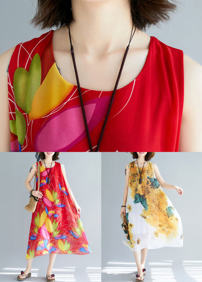 Stylish Yellow O-neck Print Chiffon Dresses Sleeveless