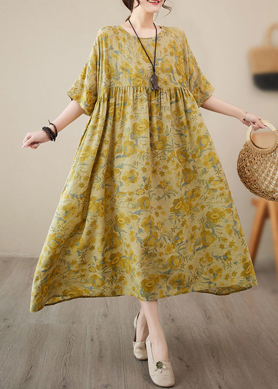 Stylish Yellow O-neck Print Chiffon Vacation Long Dress Short Sleeve