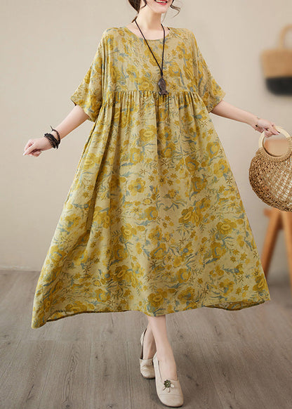 Stylish Yellow O-neck Print Chiffon Vacation Long Dress Short Sleeve