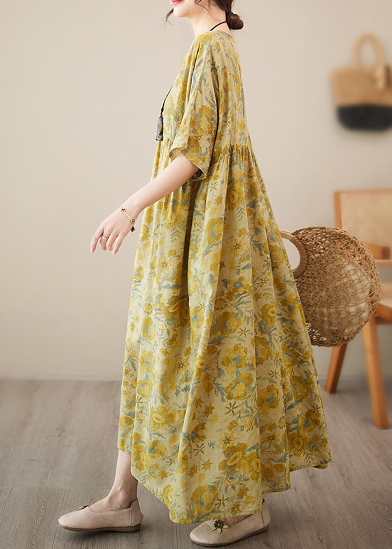 Stylish Yellow O-neck Print Chiffon Vacation Long Dress Short Sleeve