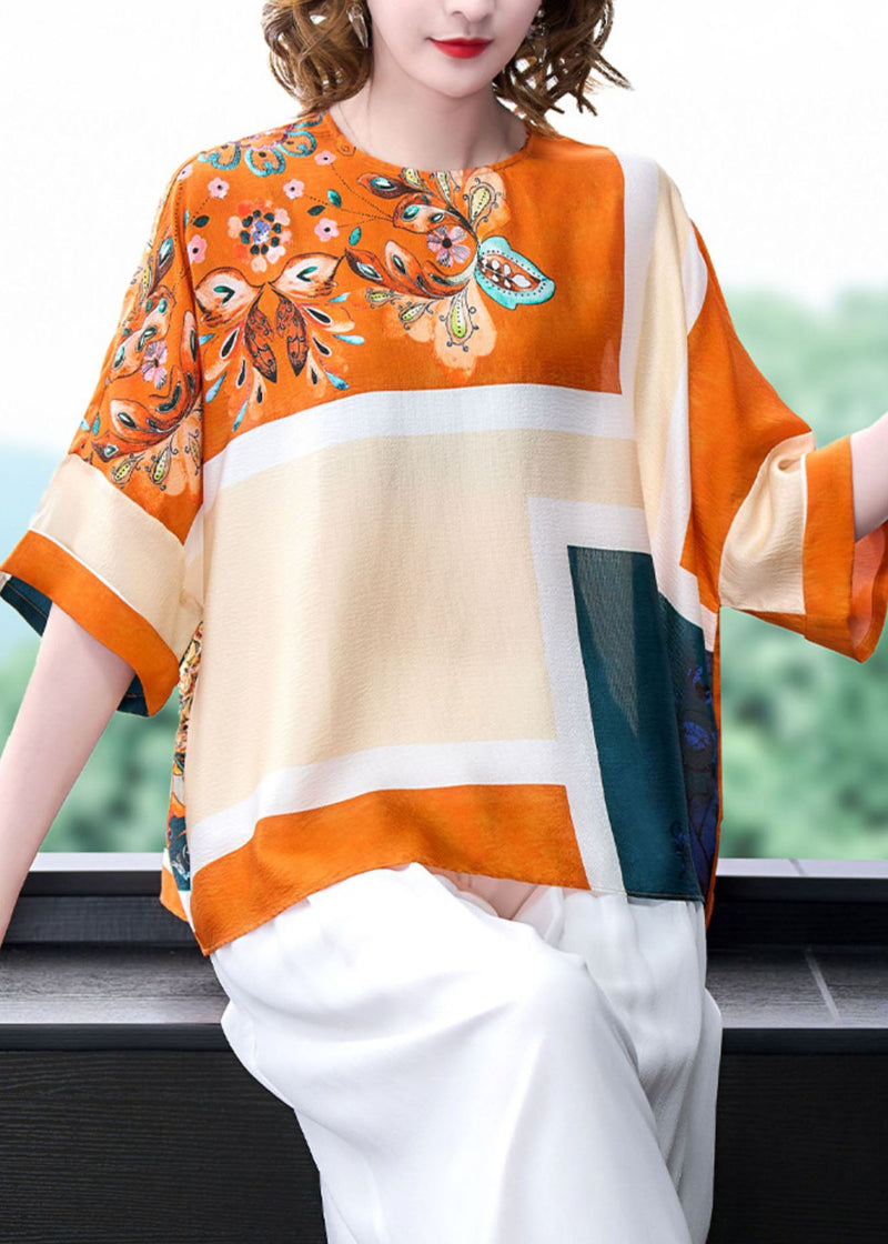 Stylish Yellow O-neck Print Silk Top and Wide Leg Pants Two Pieces Set Summer