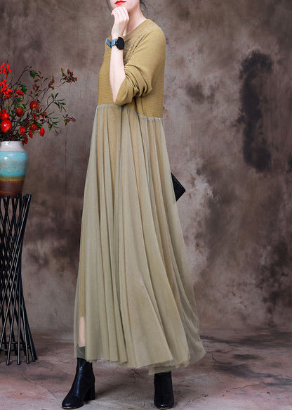 Stylish Yellow O-neck Tulle Patchwork Knit Dress Long Sleeve