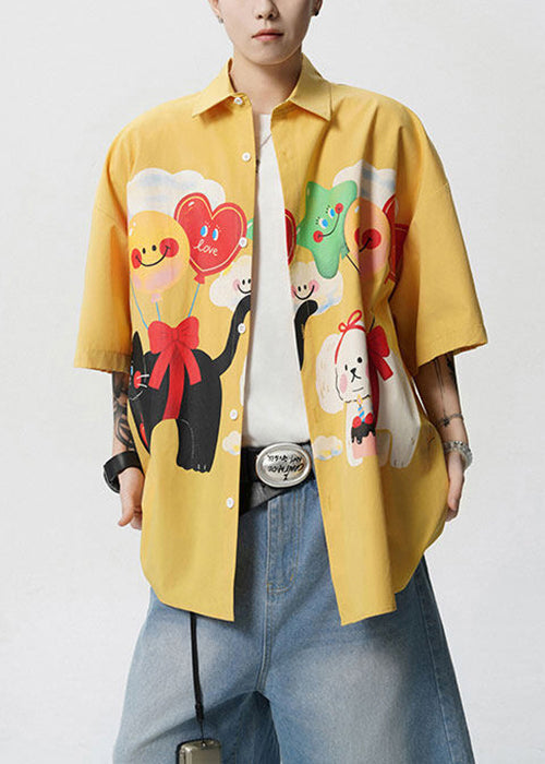Stylish Yellow Peter Pan Collar Print Button Cotton Shirts Half Sleeve