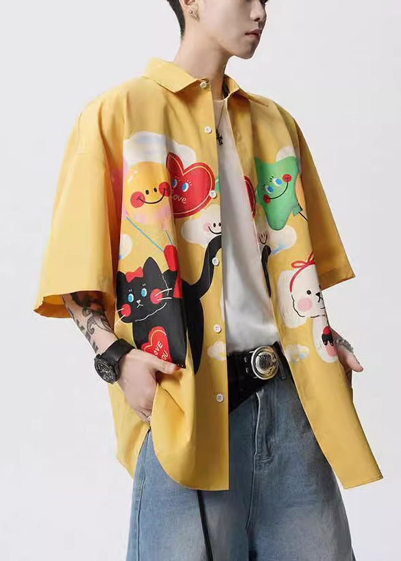 Stylish Yellow Peter Pan Collar Print Button Cotton Shirts Half Sleeve