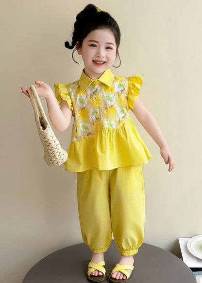 Stylish Yellow Peter Pan Collar Print Top and Crop Pants Two Pieces Set Summer