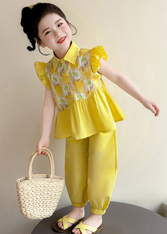 Stylish Yellow Peter Pan Collar Print Top and Crop Pants Two Pieces Set Summer