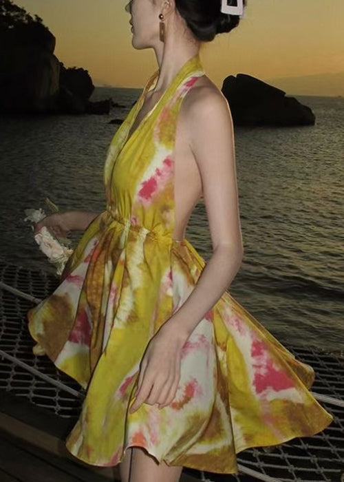 Stylish Yellow Print Backless Lace Up Chiffon Mini Dresses Sleeveless