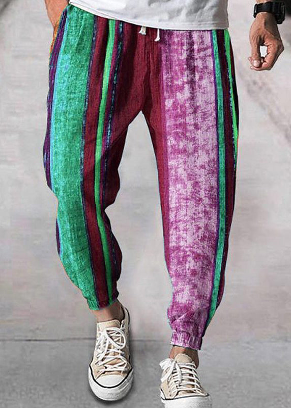 Stylish Yellow Striped Patchwork Cotton Crop Pants Summer