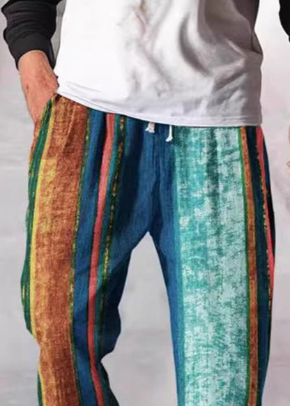Stylish Yellow Striped Patchwork Cotton Crop Pants Summer