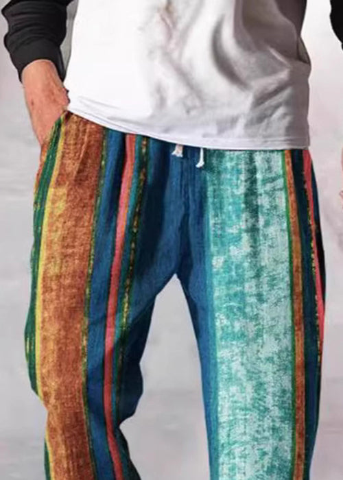 Stylish Yellow Striped Patchwork Cotton Crop Pants Summer