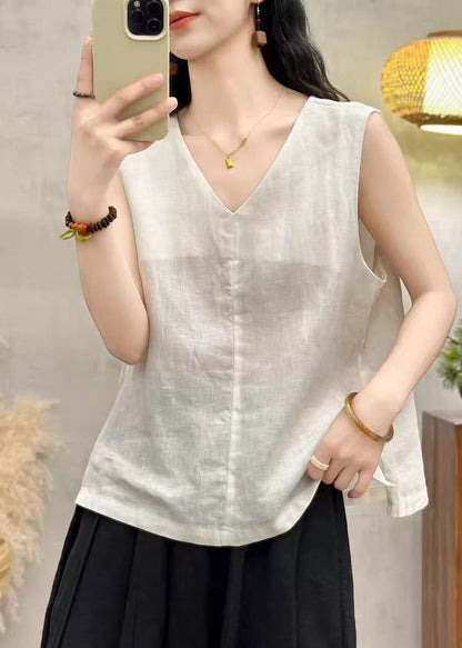 Stylish Yellow V Neck Linen Tops Sleeveless