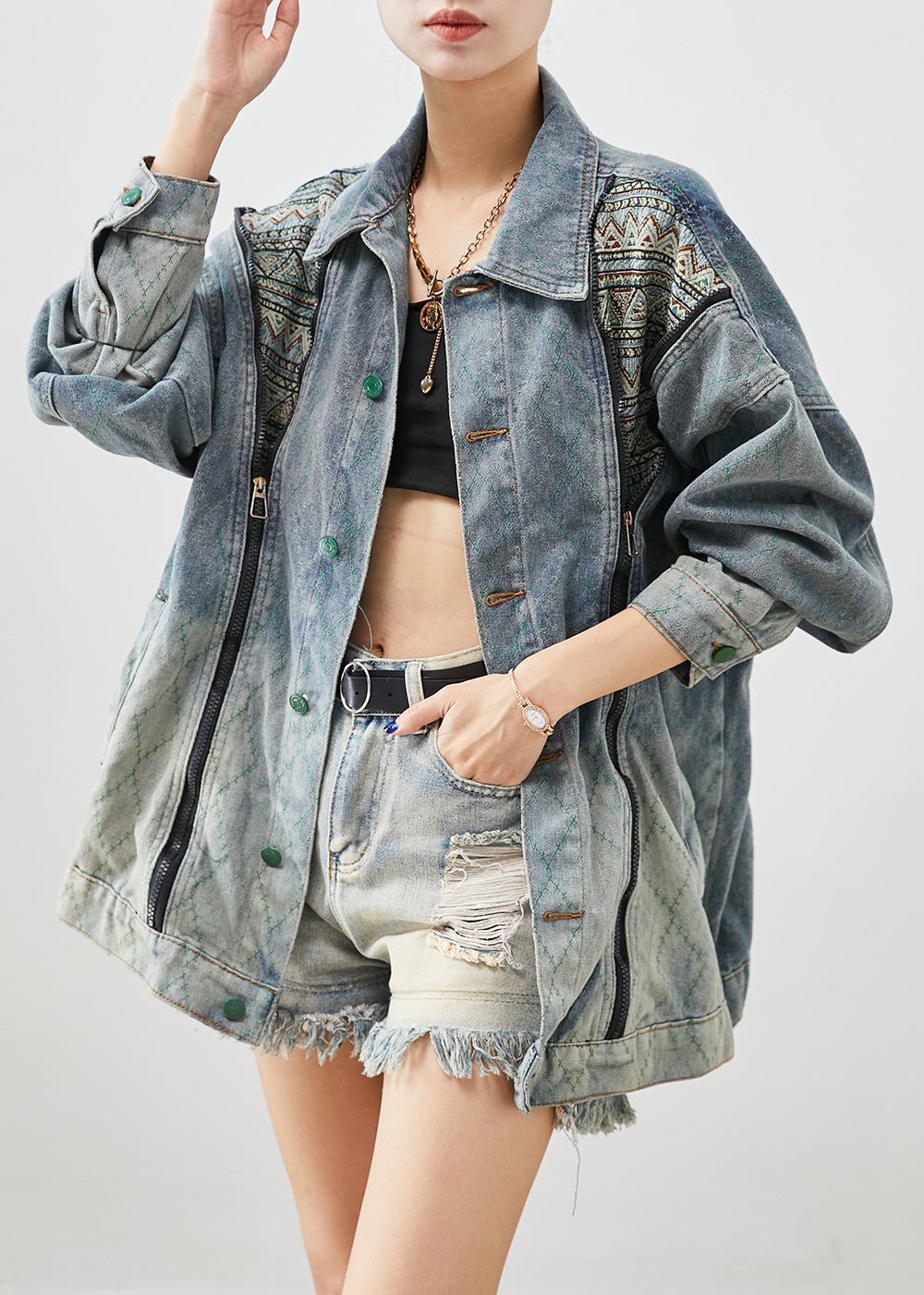 Stylish Zip Up Patchwork Denim Coats Fall