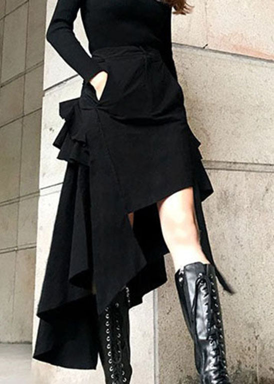 Stylish Black Button Pockets Asymmetrical Skirts Spring