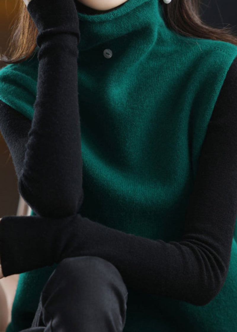 Stylish Blackish Green Turtle Neck Thick Woolen Knit Vest Sleeveless