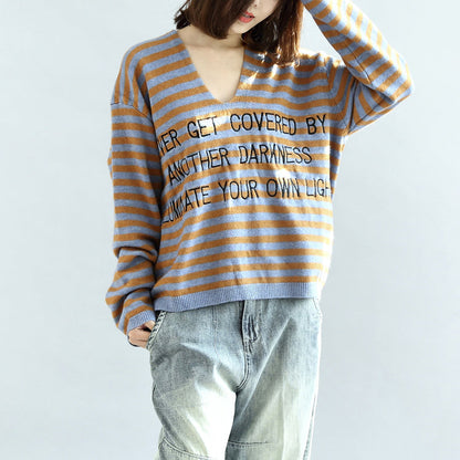 Stylish Striped Cotton Sweaters Blue and Khaki Warm Pullover Knit Sweaters