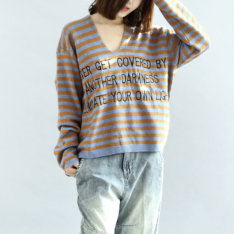 Stylish Striped Cotton Sweaters Blue and Khaki Warm Pullover Knit Sweaters