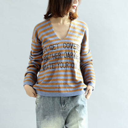 Stylish Striped Cotton Sweaters Blue and Khaki Warm Pullover Knit Sweaters