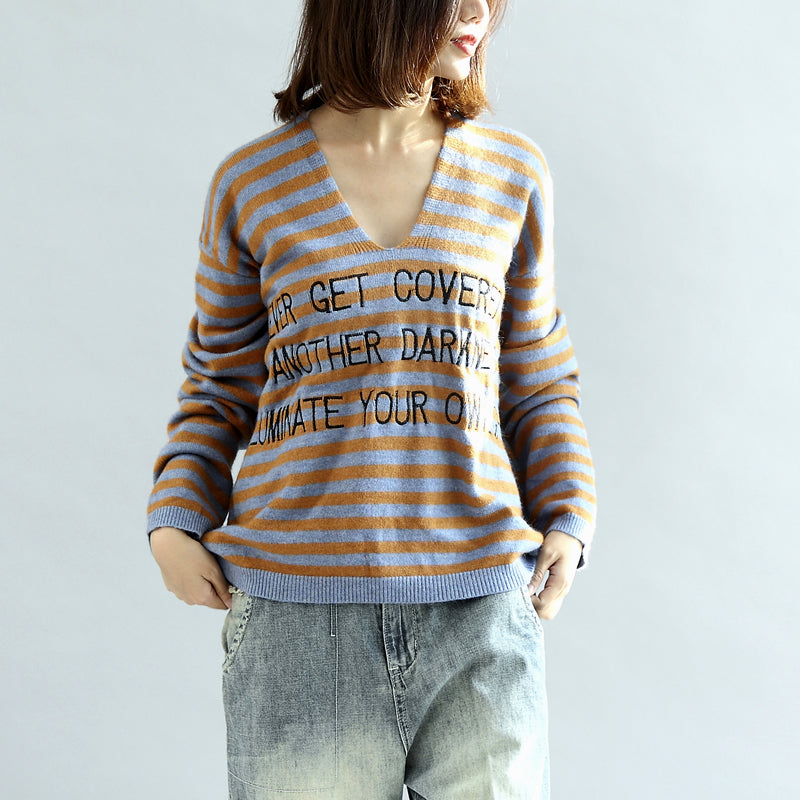 Stylish Striped Cotton Sweaters Blue and Khaki Warm Pullover Knit Sweaters