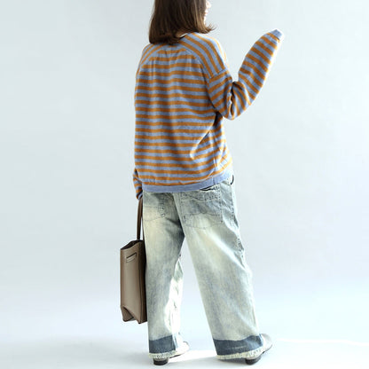 Stylish Striped Cotton Sweaters Blue and Khaki Warm Pullover Knit Sweaters