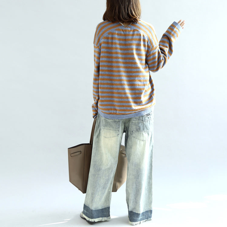 Stylish Striped Cotton Sweaters Blue and Khaki Warm Pullover Knit Sweaters