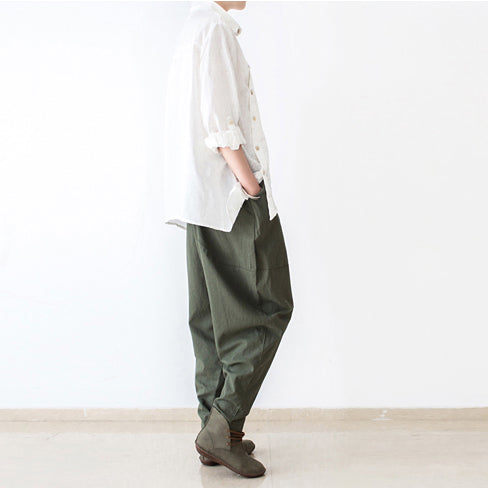 Stylish Tea Green Linen Carrot Pants Oversize Causal Cotton Harem Pants