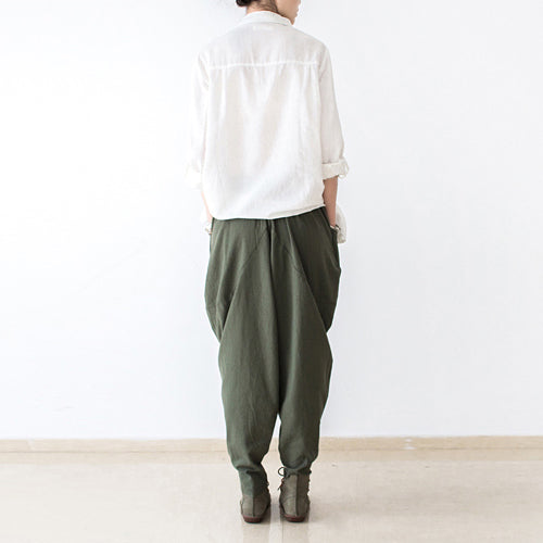 Stylish Tea Green Linen Carrot Pants Oversize Causal Cotton Harem Pants
