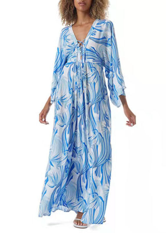 Stylish Blue Print Chiffon Tie Waist Kimono Robe Dresses