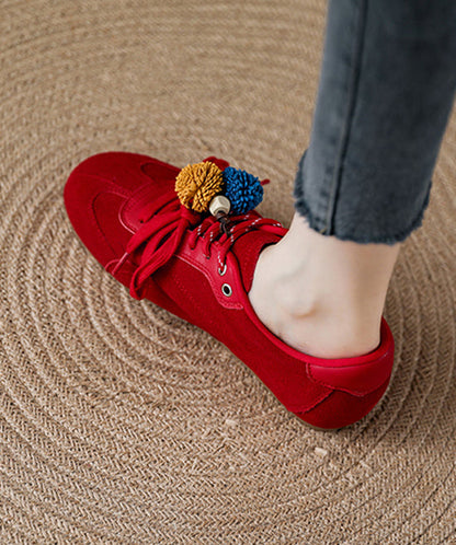 Suede Lace Up Splicing Red Flat Shoes