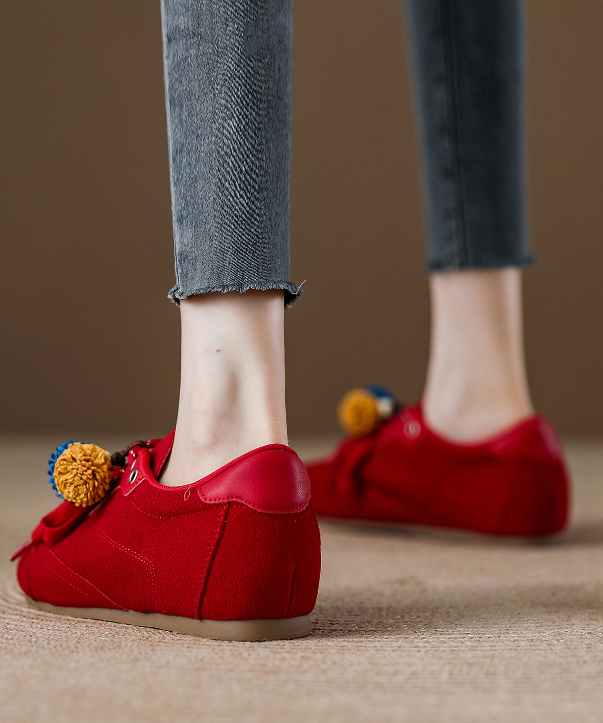Suede Lace Up Splicing Red Flat Shoes