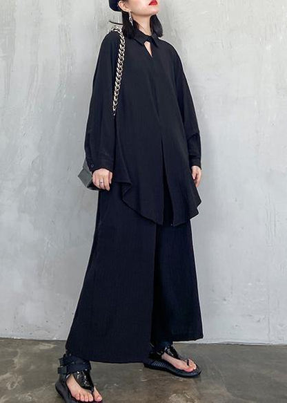 Suit Large Black Long Sleeve Shirt Wide Leg Pants Two Piece Set