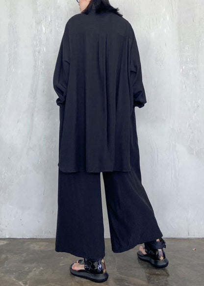 Suit Large Black Long Sleeve Shirt Wide Leg Pants Two Piece Set