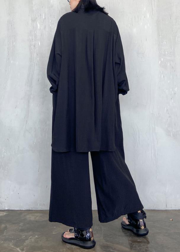 Suit Large Black Long Sleeve Shirt Wide Leg Pants Two Piece Set