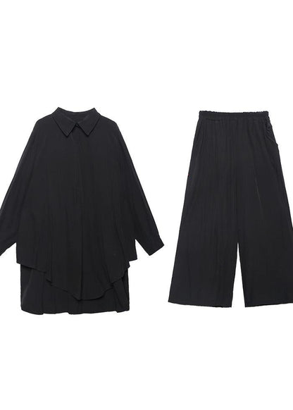 Suit Large Black Long Sleeve Shirt Wide Leg Pants Two Piece Set