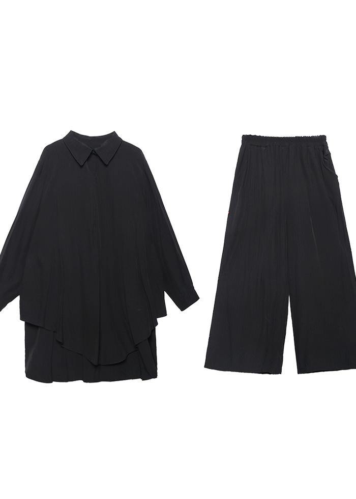 Suit Large Black Long Sleeve Shirt Wide Leg Pants Two Piece Set