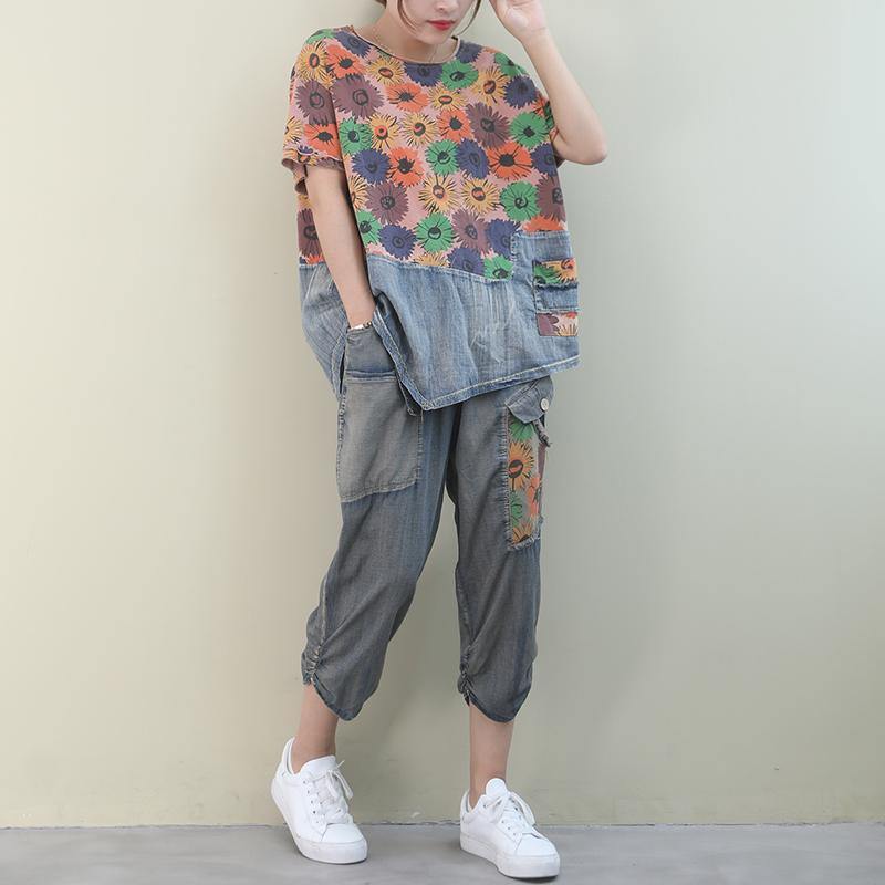 Summer New Loose Large Size Printed Washed Denim Suit